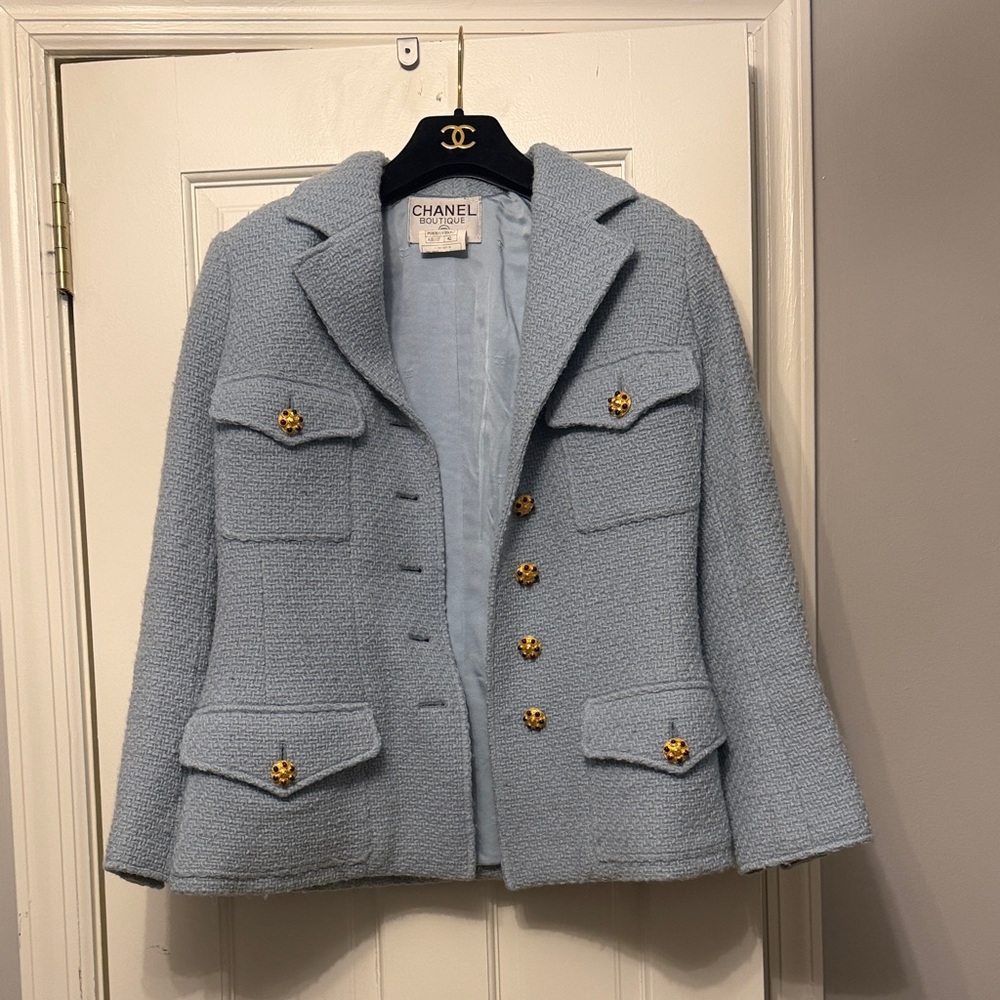 Chanel Light Blue Tweed Wool Blazer with Gold Gripoix Buttons.